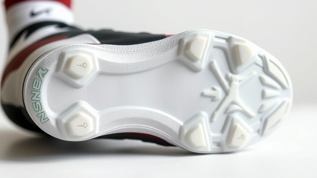 Close-up detail of Jordan football cleat sole showing multi-directional stud pattern and responsive midsole technology, photorealistic texture highlighting traction design and cushioning architecture on clean background