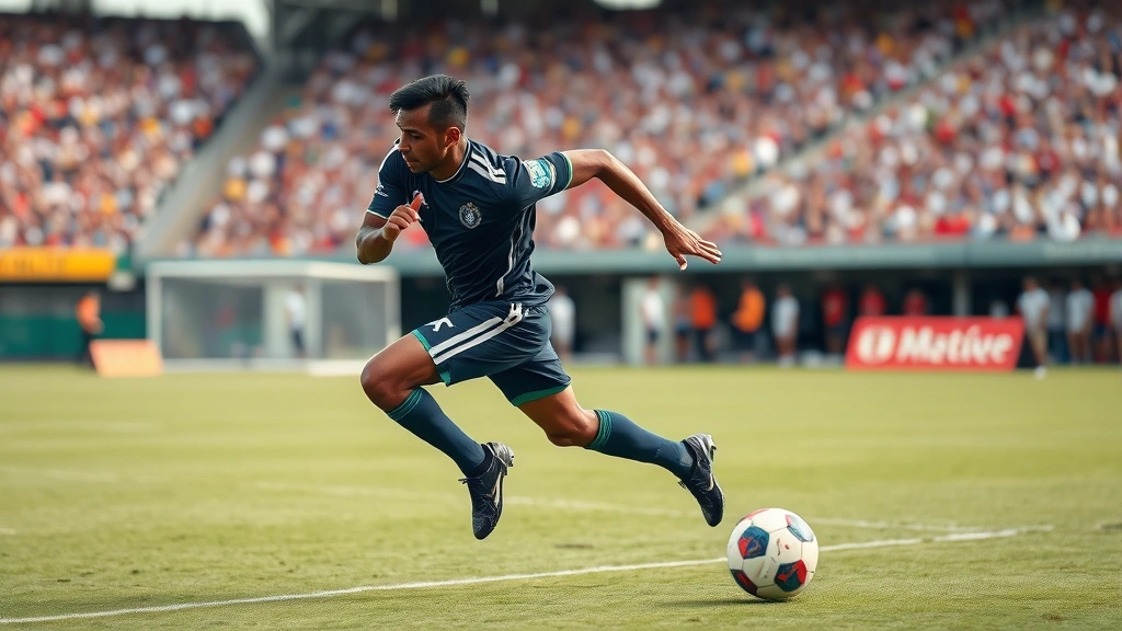Professional footballer executing explosive sprint during match, muscles engaged, intense effort, stadium background blurred, dynamic action capturing speed and power