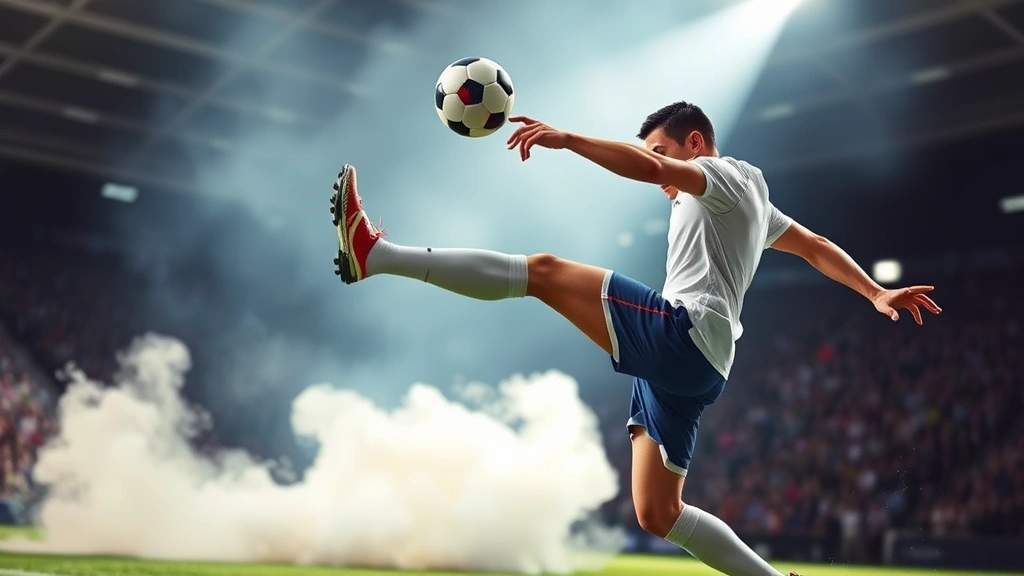 Footballer executing powerful shot or kick, body in athletic position showing core engagement and lower body strength, ball in motion, intense concentration on face