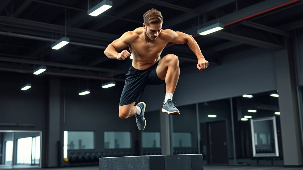 Athletic male football player performing explosive box jump in modern gymnasium with kettlebells visible in background, muscles engaged mid-jump, bright professional lighting