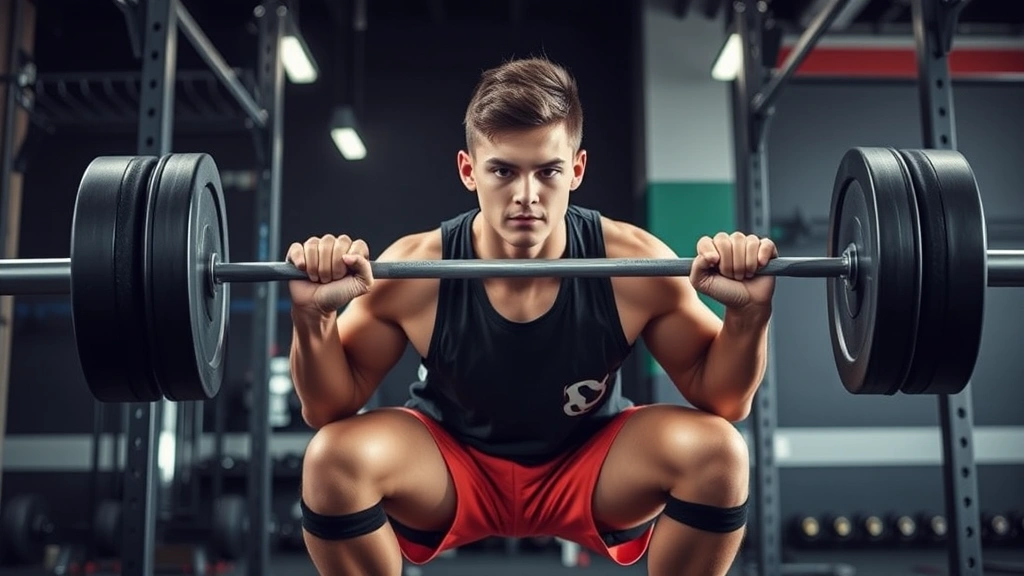 Young football player executing perfect form front squat with barbell in professional strength training facility, focused expression, proper spinal alignment, motivational training environment