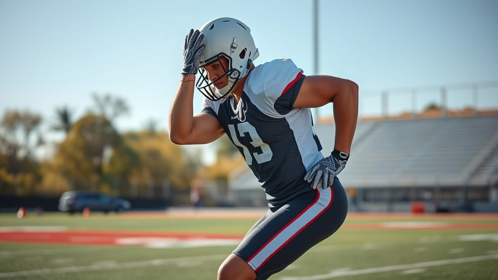 Football athlete performing dynamic warm-up mobility drill stretching hip flexors outdoors on field, professional athletic wear, morning sunlight, movement quality emphasis