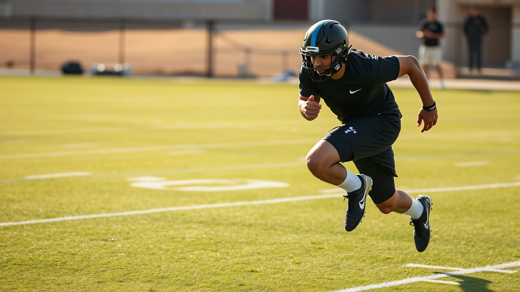 Football player performing high-intensity interval training sprint on outdoor field, maximum effort explosive movement, athletic build showcased, natural daylight, professional quality