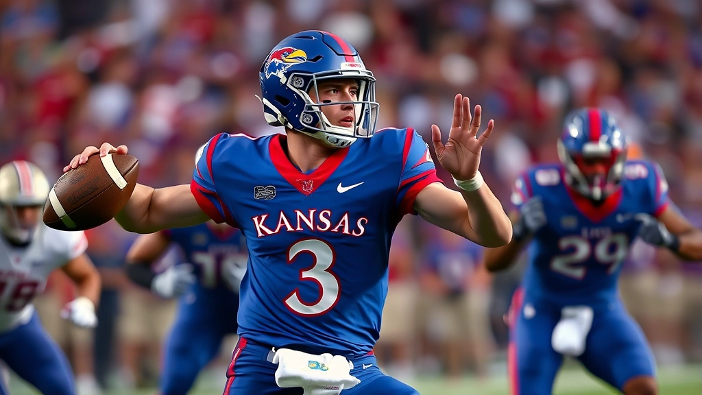 College football quarterback in mid-throw motion, wearing Kansas Jayhawks uniform, against blurred defensive pressure from opposing players, stadium lights in background, focused intensity on face