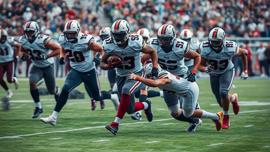 Running backs evading defensive tackles during live game action, explosive lateral movement, grass field visible, multiple defenders attempting to make tackle, athletic dynamic motion capture