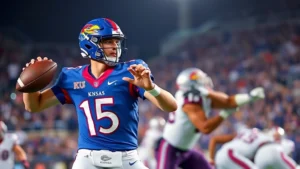 College football quarterback in Kansas Jayhawks uniform throwing precise pass downfield during intense game action under stadium lights, focused expression showing concentration and athletic excellence