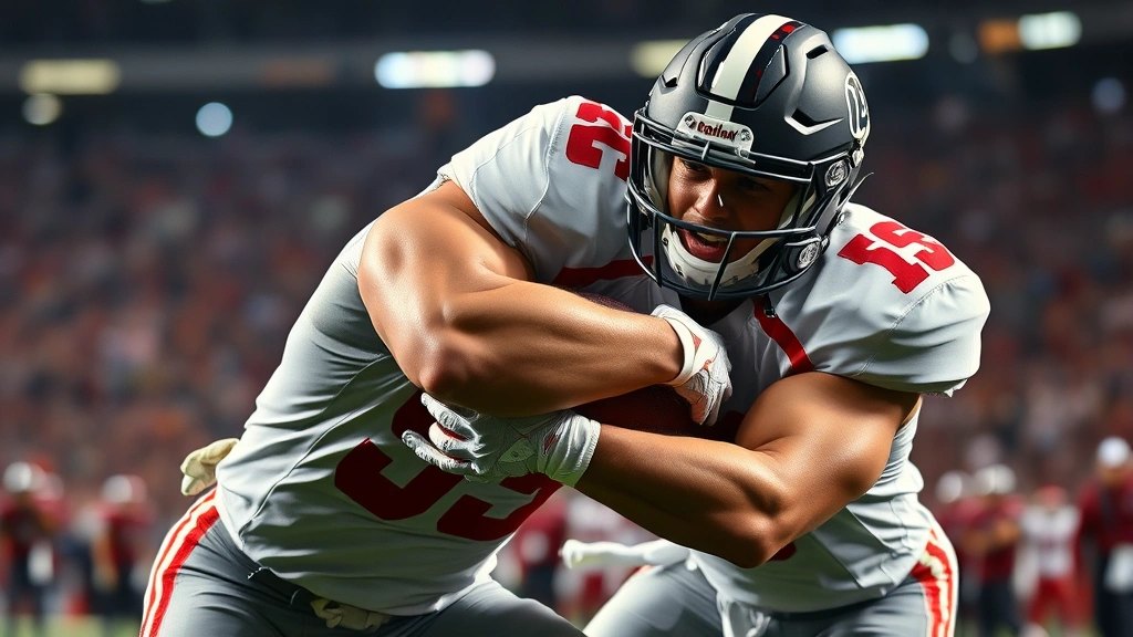 Muscular college football linebacker making a crushing tackle during game, intense expression, perfect form, stadium lights, dynamic action shot