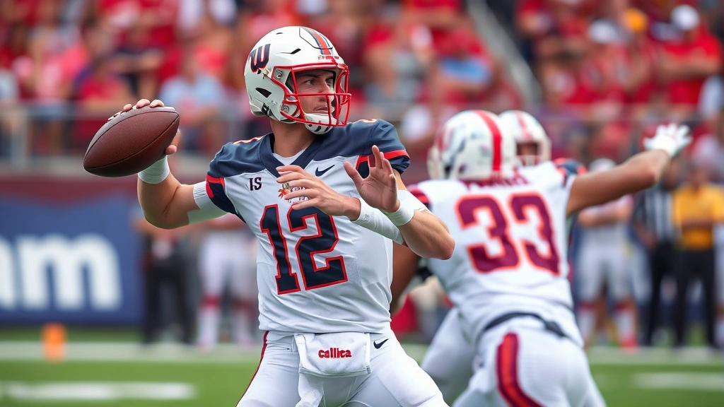 Elite quarterback in mid-throw during college football game, sharp focus, perfect mechanics, defensive pressure visible, competitive intensity evident
