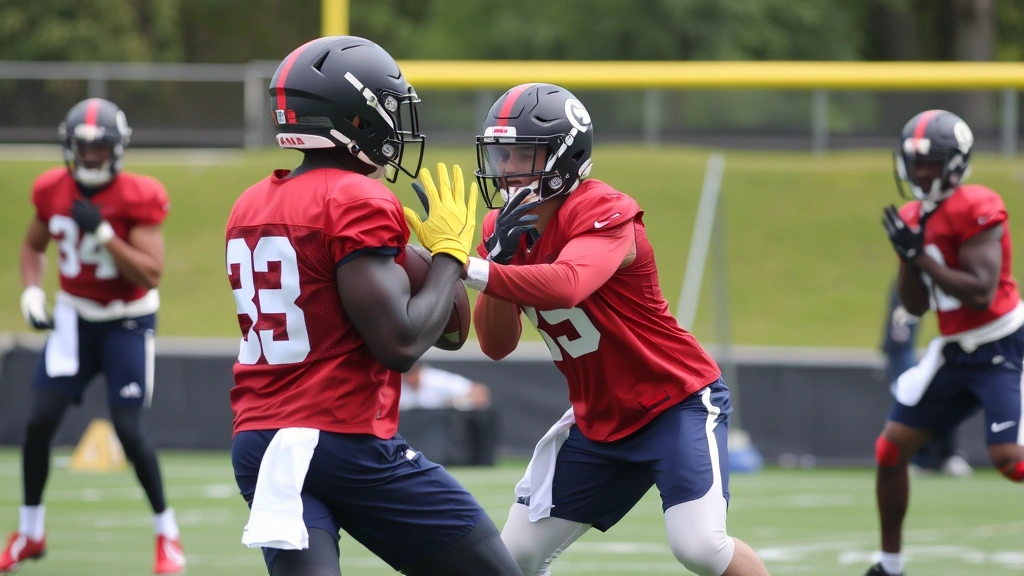 Defensive backs executing coverage drill in practice, athletic positioning, focused concentration, football field background, professional technique demonstration