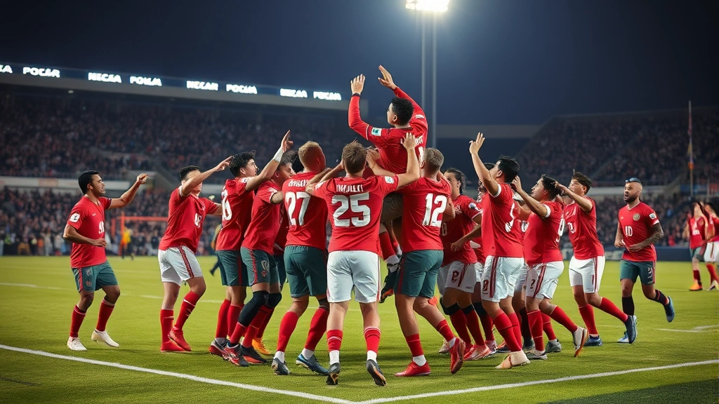 Football team celebrating on field after successful play, players jumping and celebrating, stadium lights visible, victory momentum