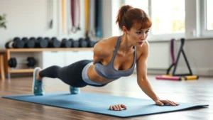 Fit woman performing push-ups on yoga mat in bright home gym with dumbbells and resistance bands visible in background, natural window lighting, focused intensity