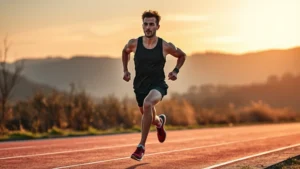 Athletic runner sprinting on outdoor track at sunrise, muscles engaged, powerful stride, determination on face, morning light casting shadows, natural landscape background, photorealistic HD