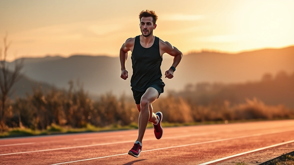 Athletic runner sprinting on outdoor track at sunrise, muscles engaged, powerful stride, determination on face, morning light casting shadows, natural landscape background, photorealistic HD