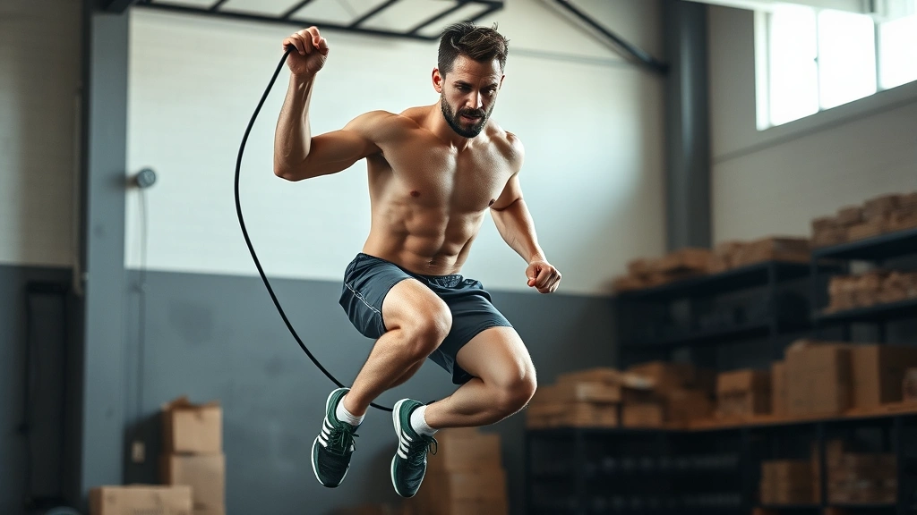 Male athlete performing HIIT training with jump rope, explosive movement mid-jump, athletic warehouse gym setting, sweat visible, intense effort expression, motivational energy, professional sports photography