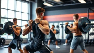 Athletic high school football players performing barbell back squats in modern weight room with natural lighting, focused expressions, proper form demonstration, no visible equipment labels