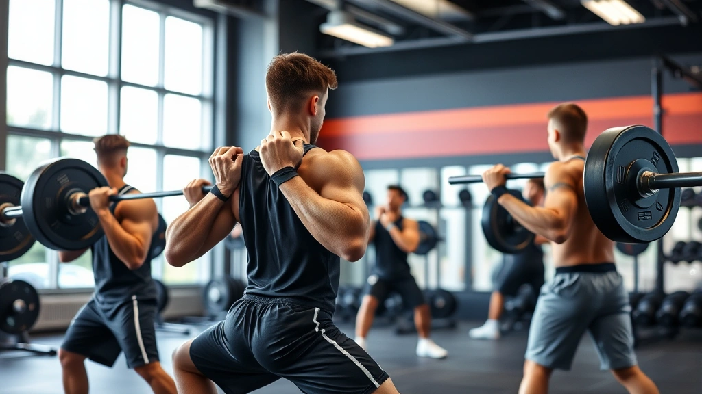 Athletic high school football players performing barbell back squats in modern weight room with natural lighting, focused expressions, proper form demonstration, no visible equipment labels