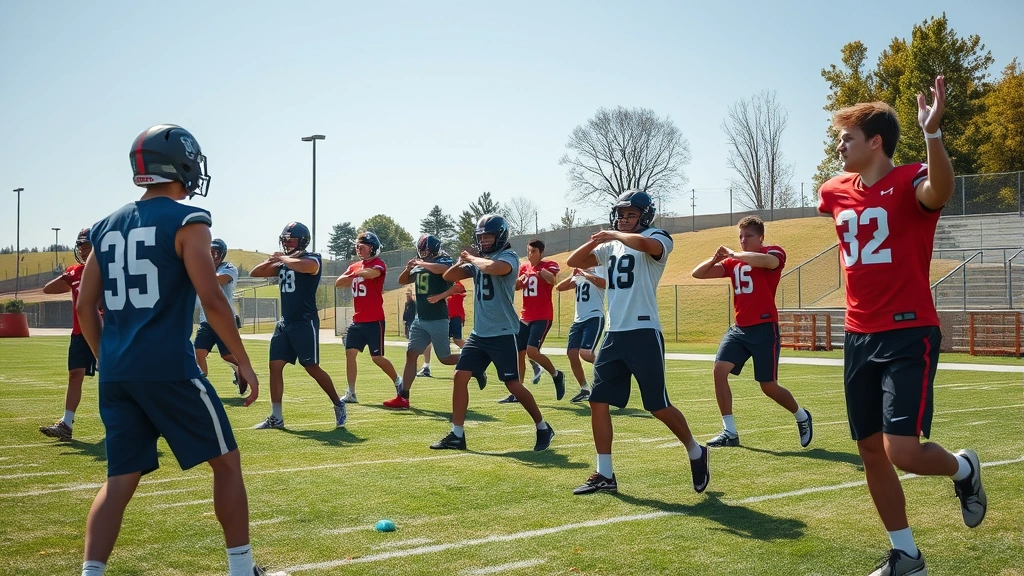 Diverse high school football team doing post-practice recovery mobility work and stretching routines outdoors, functional movement patterns, teamwork emphasis, natural outdoor setting