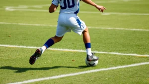 Young football player in full uniform performing explosive cutting movement on grass field, viewed from behind showing lower body mechanics and cleat contact, natural daylight, dynamic athletic motion