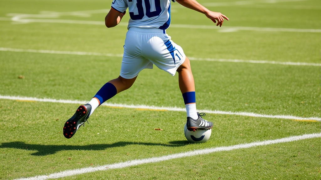 Young football player in full uniform performing explosive cutting movement on grass field, viewed from behind showing lower body mechanics and cleat contact, natural daylight, dynamic athletic motion