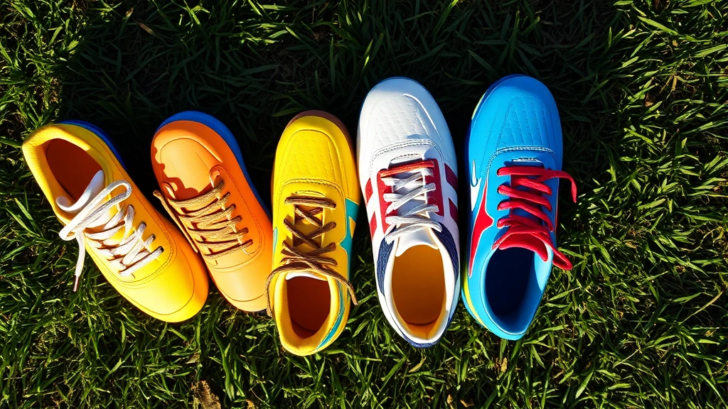 Close-up overhead view of colorful youth football cleats on grass surface showing detailed stud patterns and upper material texture, morning sunlight creating shadows, multiple pairs in different colors