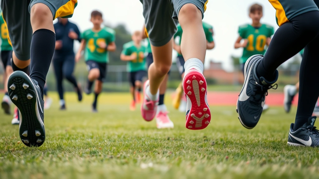 Youth football team in practice gear jogging together on field, focus on feet and lower body showing various cleats in action, coaches in background, natural field conditions with grass