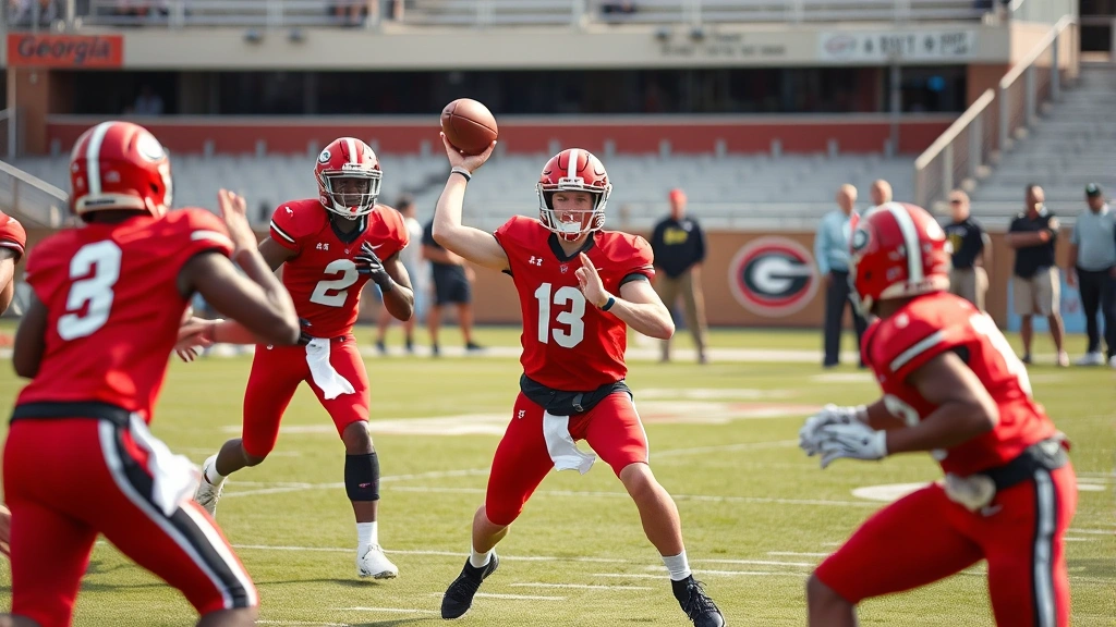 Athletic football players in red Georgia uniforms executing offensive plays during intense scrimmage practice, quarterback throwing downfield with receivers running routes, professional coaching staff observing from sidelines, afternoon stadium lighting, focused expressions showing competitive intensity