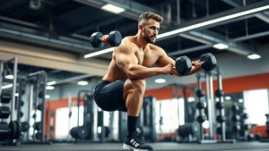 Professional male footballer in prime athletic condition performing explosive single-leg squat exercise in modern gym facility with dumbbells and training equipment visible, muscular physique demonstrating elite conditioning