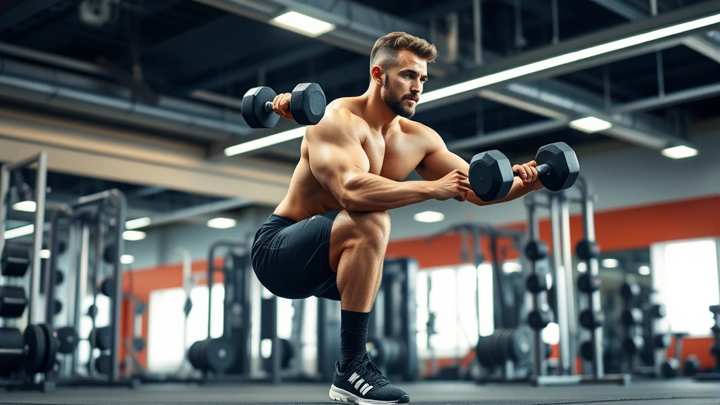 Professional male footballer in prime athletic condition performing explosive single-leg squat exercise in modern gym facility with dumbbells and training equipment visible, muscular physique demonstrating elite conditioning