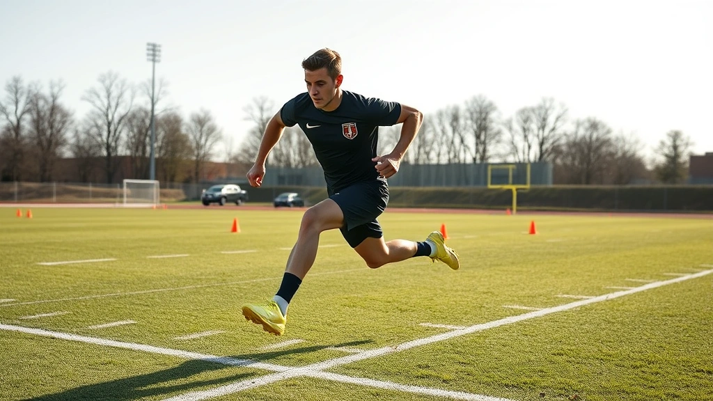 Elite athlete executing high-intensity sprint drill on grass training pitch with cones and markers, explosive movement captured mid-stride showing powerful acceleration and athletic performance