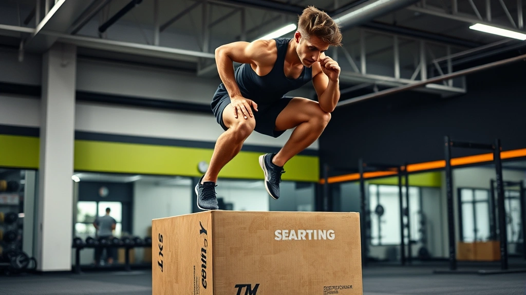 Athlete performing advanced plyometric box jump exercise in professional training facility, explosive power and dynamic movement captured, athletic shoes and gym equipment visible in background