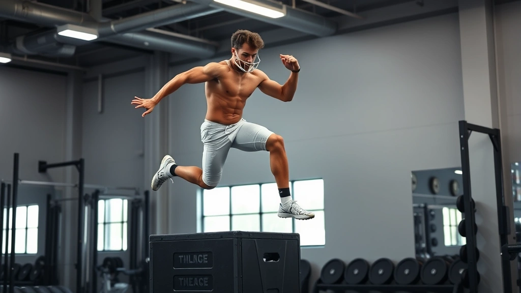 College football player performing explosive box jump in modern strength training facility, dynamic movement captured mid-leap, athletic muscular physique, professional gym setting with weight plates visible in background