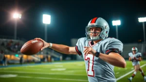 High school quarterback throwing football during night game under bright stadium lights, focused expression, green field visible, professional sports photography