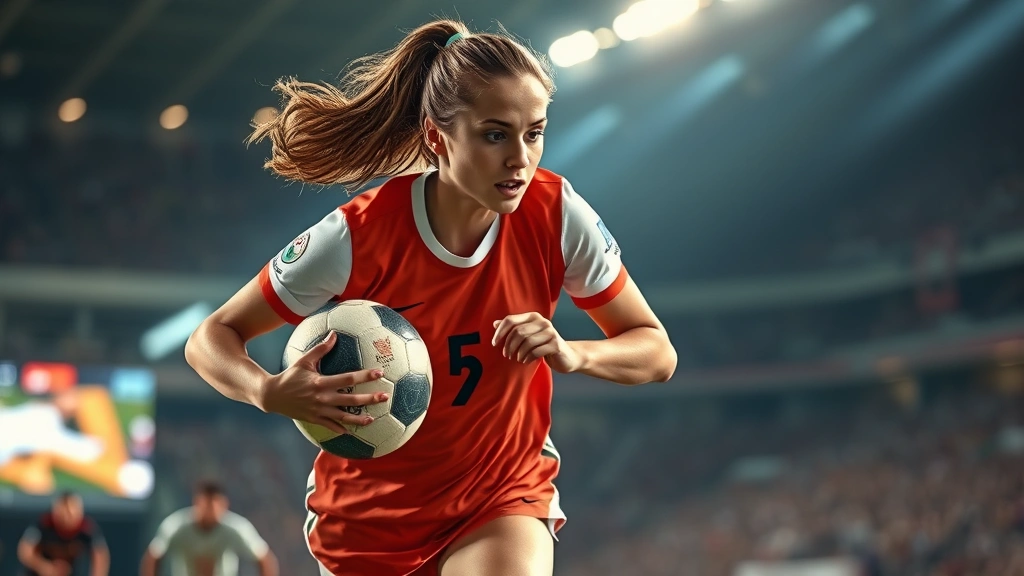 Professional female football player in action during intense game moment, mid-sprint with football, intense focus expression, professional stadium lighting, dynamic athletic movement, photorealistic
