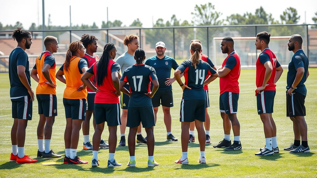 Team of diverse athletes in huddle during practice session, coaching staff demonstrating strategy, outdoor training field, focused concentration, professional coaching environment, bright daylight