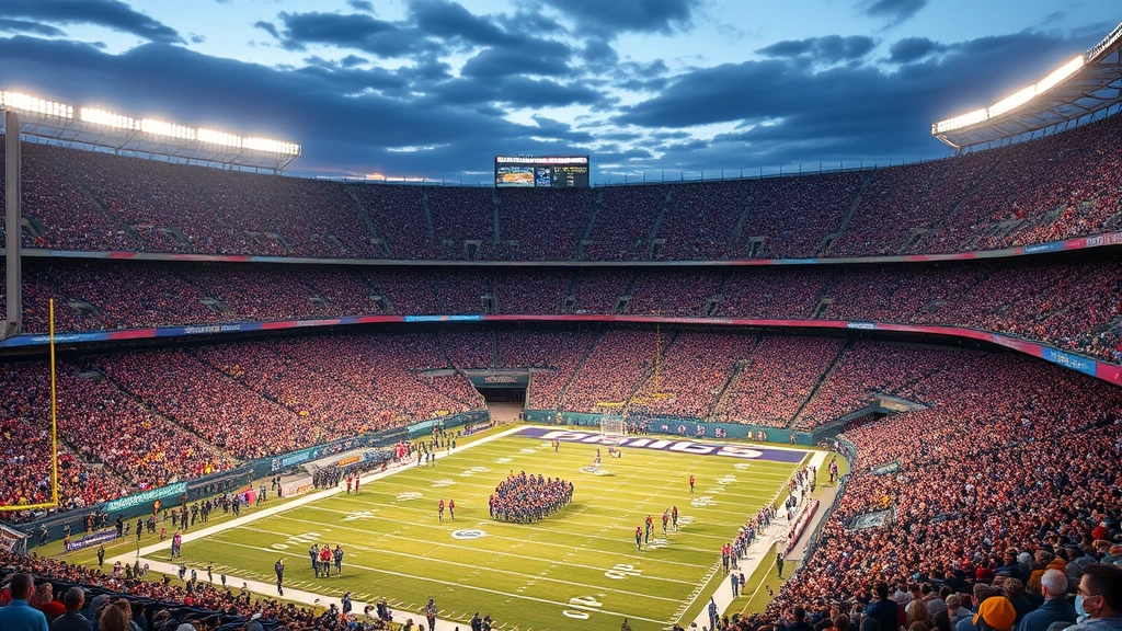 Crowded stadium during professional football game with enthusiastic fans cheering, vibrant atmosphere, team colors visible in crowd, evening game lighting, energetic crowd engagement, photorealistic