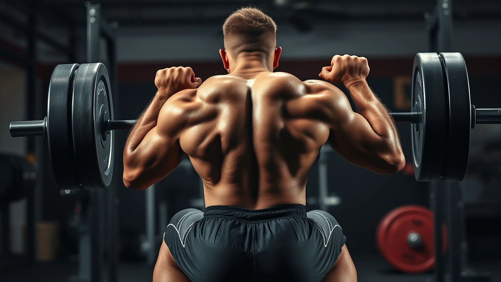 Athletic football player performing heavy barbell back squat with intense focus, professional gym setting, dramatic lighting highlighting muscle engagement and form precision, sweat visible, powerful stance