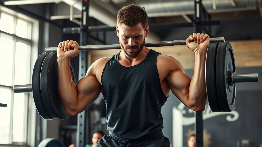 Male athlete executing explosive power clean lift with barbell, dynamic motion captured mid-pull, professional strength training facility, muscular definition visible, concentrated expression demonstrating maximum effort