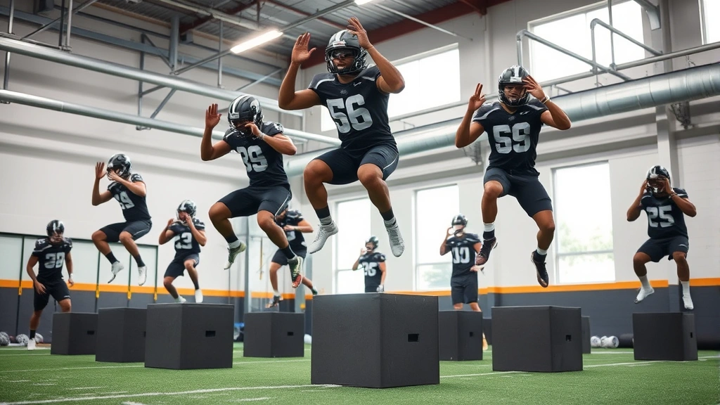 College football players performing group plyometric training with box jumps in team facility, multiple athletes mid-jump showing explosive power, modern training environment, teamwork atmosphere, athletic intensity