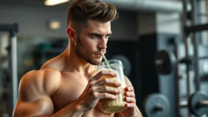 Professional athlete drinking protein shake at gym after intense weight training session, muscular physique, focused expression, modern fitness facility background