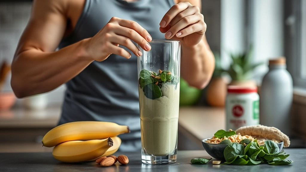 Fit person blending custom protein shake in kitchen, fresh ingredients visible including banana, almond butter, spinach, protein powder, healthy nutrition preparation