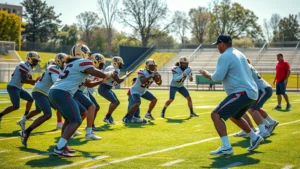 High school football team in practice formation, players executing blocking drills with intensity, coach observing from sideline, bright afternoon sunlight on field, photorealistic action shot