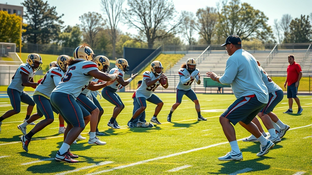 High school football team in practice formation, players executing blocking drills with intensity, coach observing from sideline, bright afternoon sunlight on field, photorealistic action shot