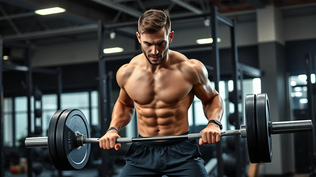 Athlete performing explosive power clean exercise with barbell in modern strength training facility, focused expression, proper form demonstration, dynamic movement capture, professional gym setting