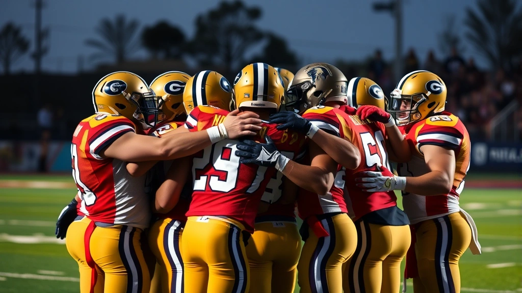 Football players in team huddle after successful play, celebrating with intensity, showing camaraderie and mental toughness, diverse group of athletes, motivational moment captured