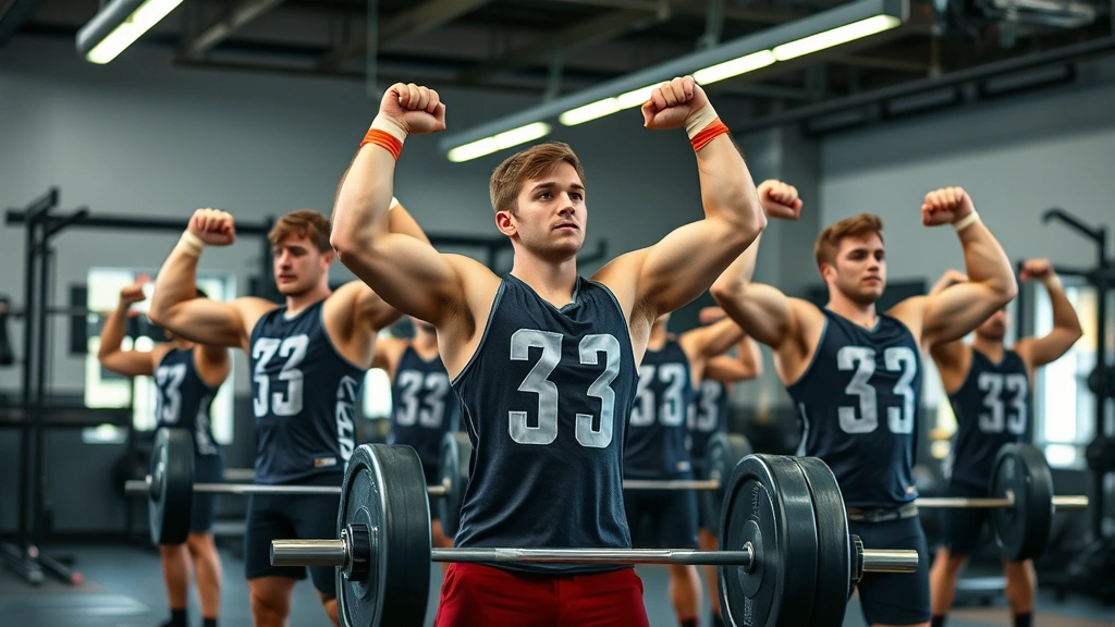 High school football team performing synchronized strength training exercises in modern weight room, athletes lifting barbells with perfect form, intense focus and determination visible