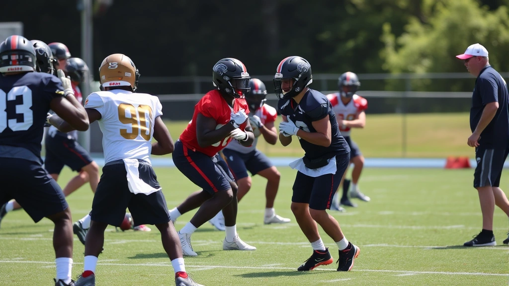 Defensive backs executing coverage drills during football practice, athletes in athletic stances with proper body positioning, coach providing instruction, natural outdoor field lighting