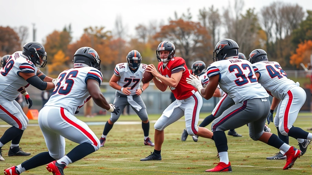 Football quarterback leading offensive play with teammates executing blocking assignments, dynamic action shot showing teamwork and coordination, autumn field conditions visible