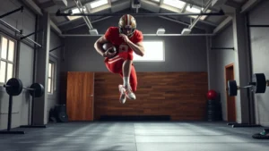College football player performing explosive box jump in modern weight room with natural lighting, athletic form captured mid-air