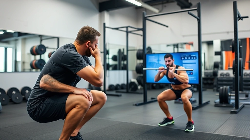 Strength and conditioning coach analyzing athlete's squat form using video technology during training session in professional facility
