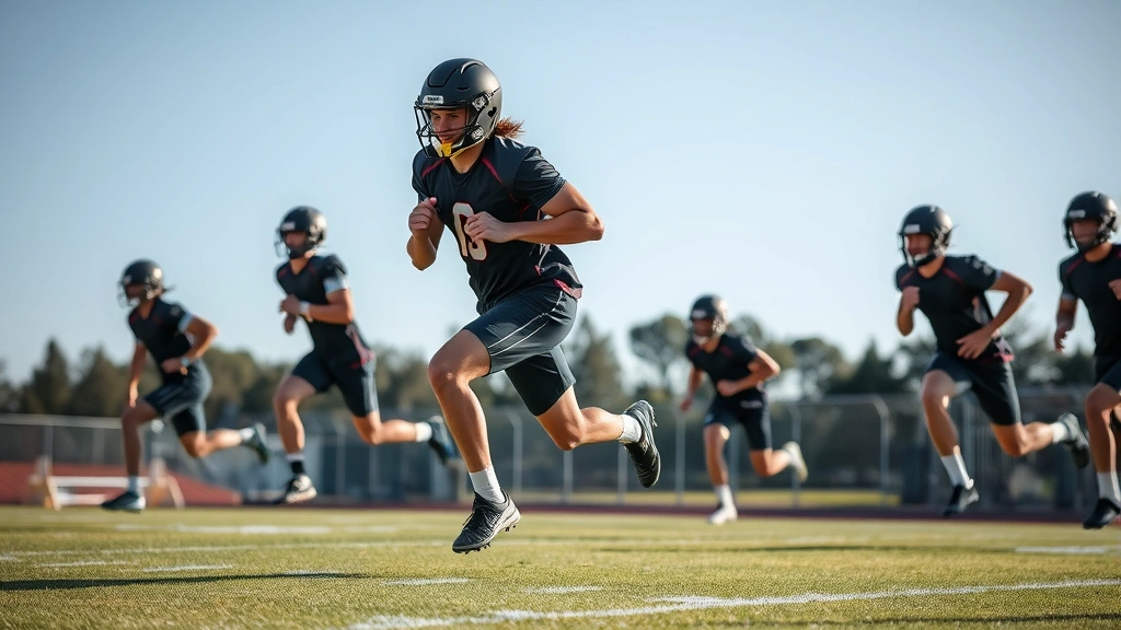 Football athletes performing high-intensity sprint intervals on outdoor field during afternoon training with focused intensity